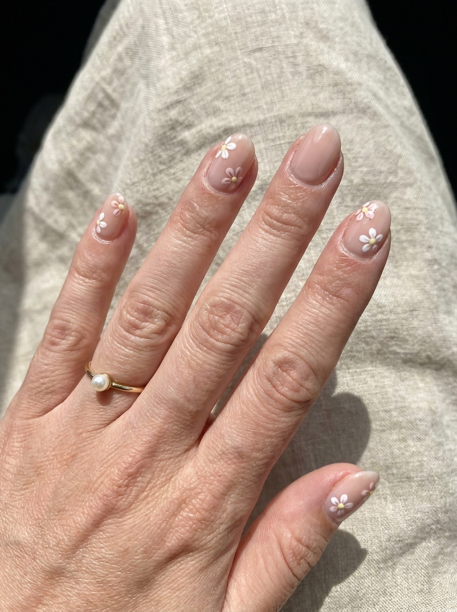Short Floral Summer Nails mit kleinen zarten Blüten
